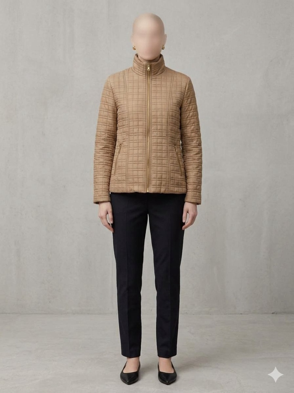 Quilted Light Brown Puffer Jacket with Stand Collar